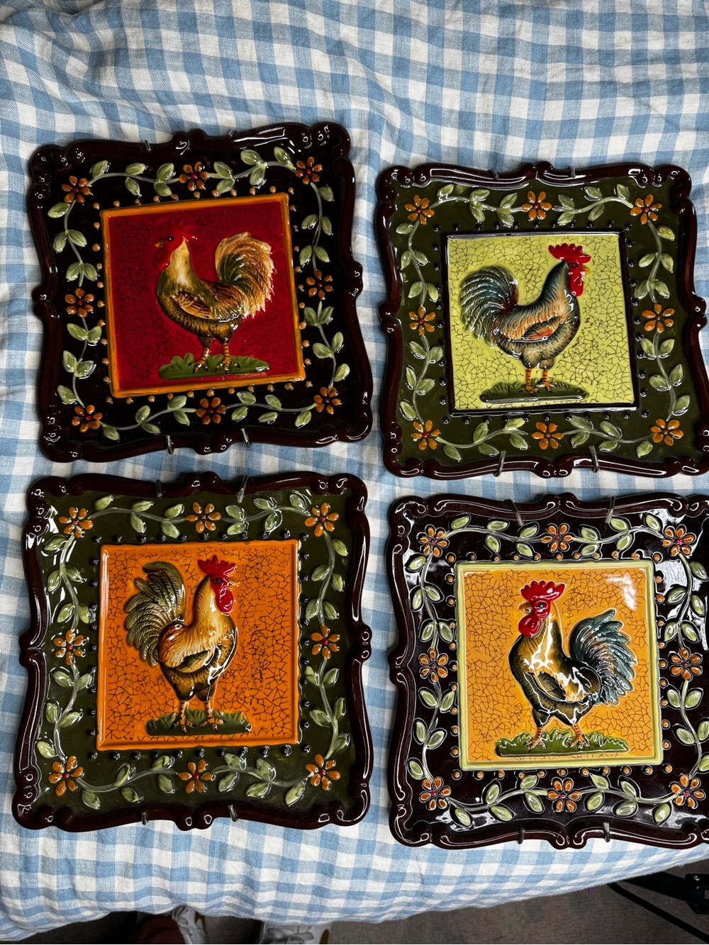 Hand-Painted Rooster Ceramic Wall Tiles – Set of 4 in Green, Orange, Yellow, Red